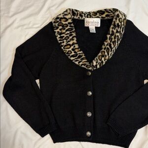 VTG Leopard Print Faux Fur Collar Black Button Up Cardigan, Large